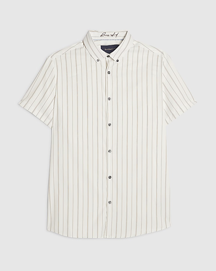 White Short Sleeve Muscle Fit Stripe Shirt