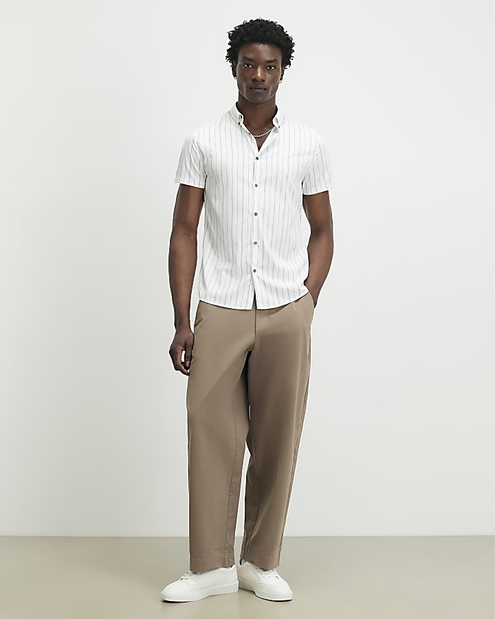 White Short Sleeve Muscle Fit Stripe Shirt