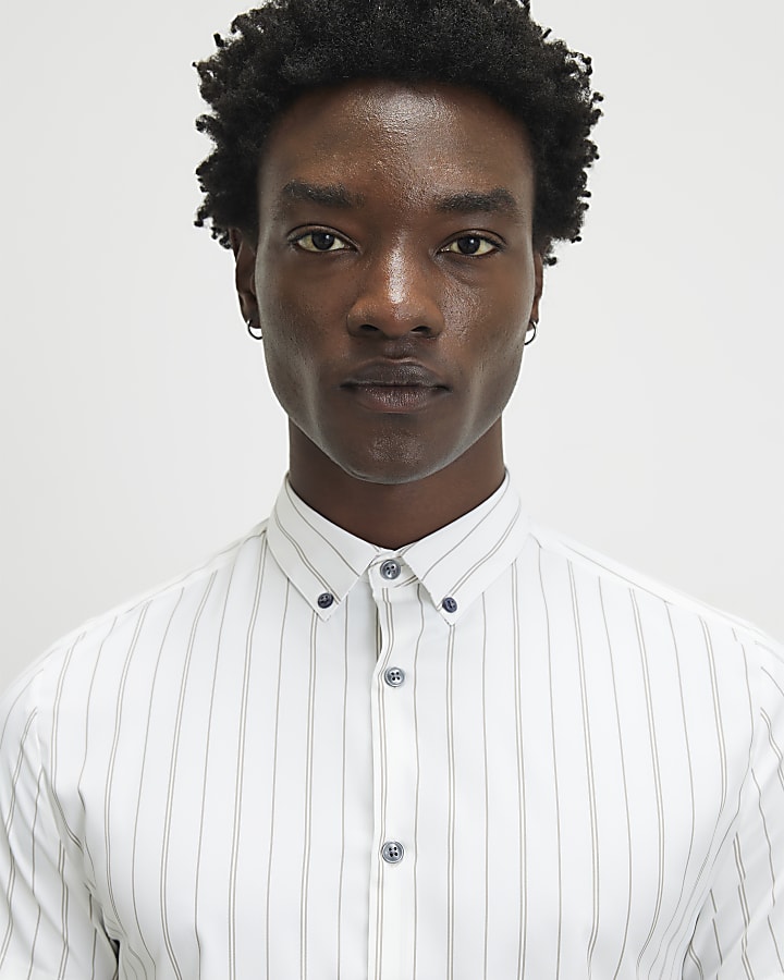 White Short Sleeve Muscle Fit Stripe Shirt