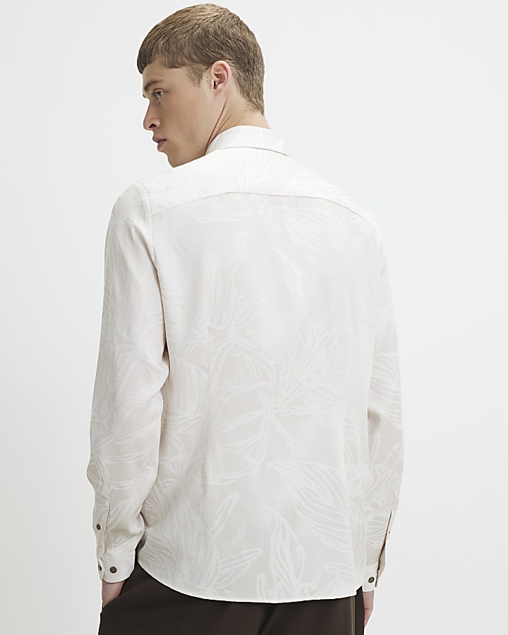 Cream Long Sleeve Palm Leaf Jacquard Shirt