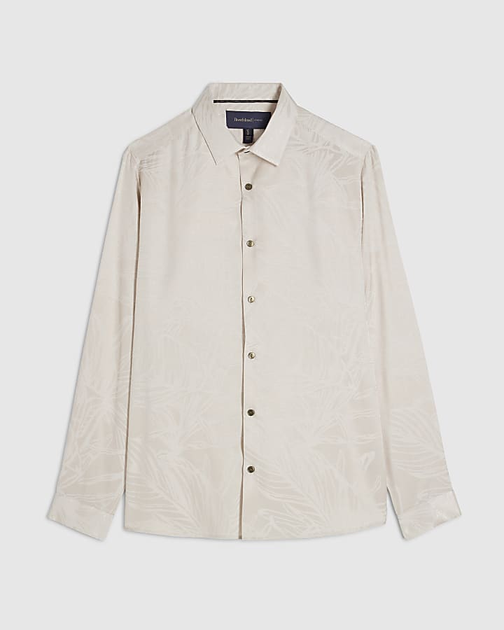 Cream Long Sleeve Palm Leaf Jacquard Shirt