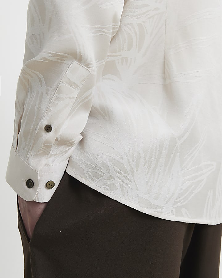 Cream Long Sleeve Palm Leaf Jacquard Shirt