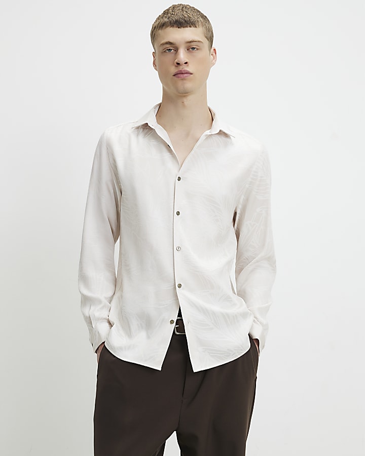 Cream Long Sleeve Palm Leaf Jacquard Shirt