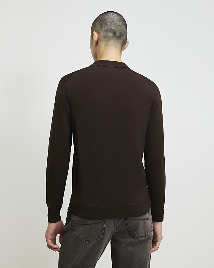 Brown Slim Fit Knitted Zip Polo Shirt