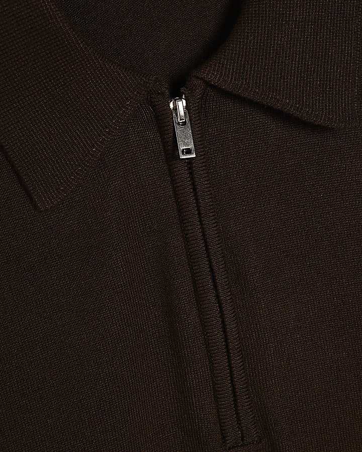 Brown Slim Fit Knitted Zip Polo Shirt