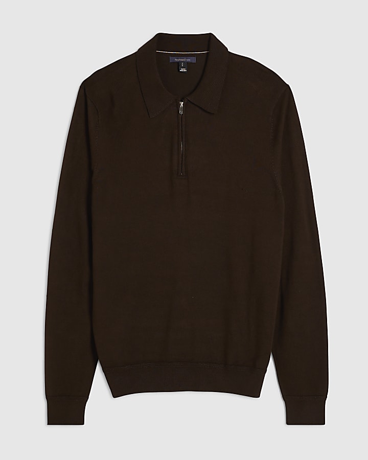 Brown Slim Fit Knitted Zip Polo Shirt
