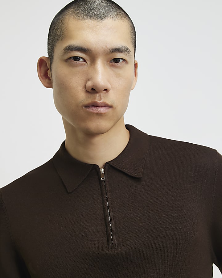 Brown Slim Fit Knitted Zip Polo Shirt