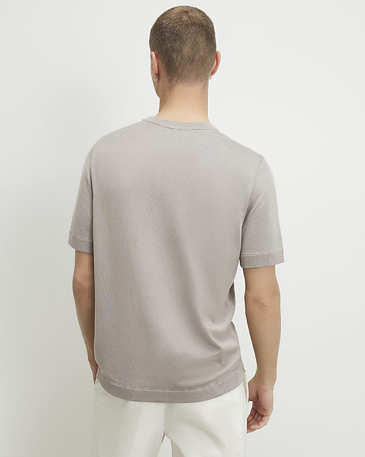 Beige Slim Fit Knitted Short Sleeve T-Shirt