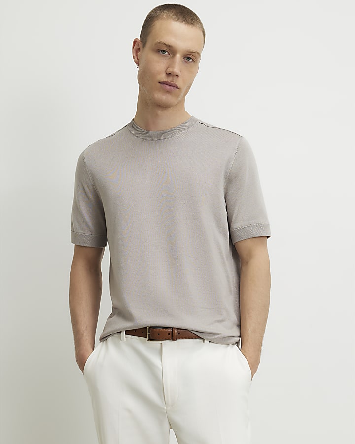 Beige Slim Fit Knitted Short Sleeve T-Shirt