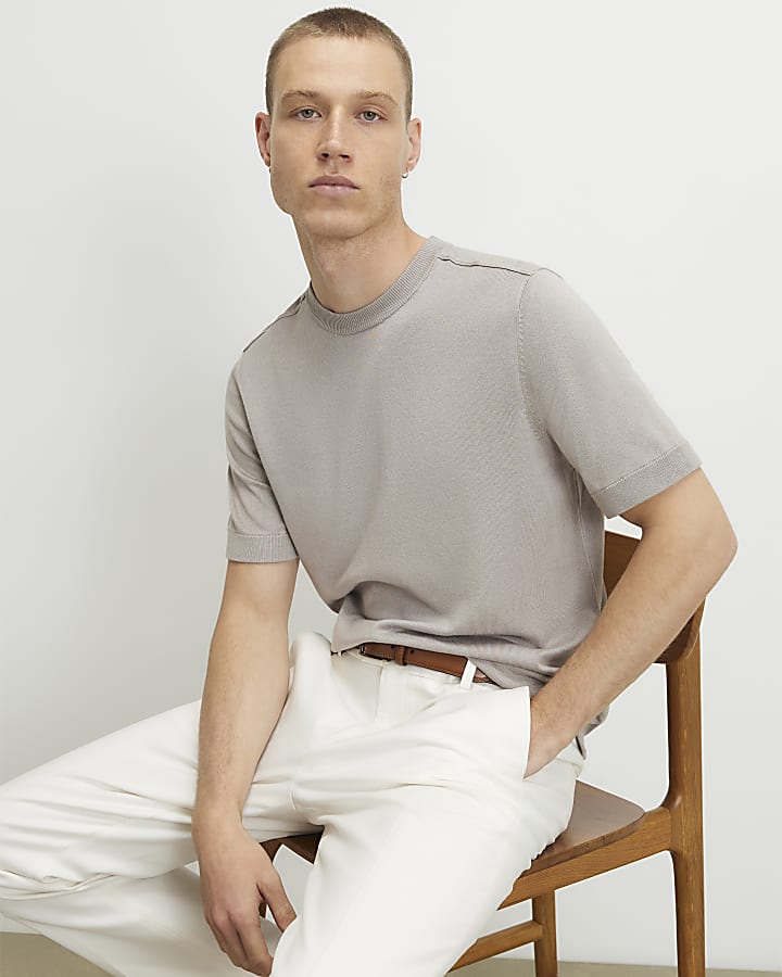 Beige Slim Fit Knitted Short Sleeve T-Shirt
