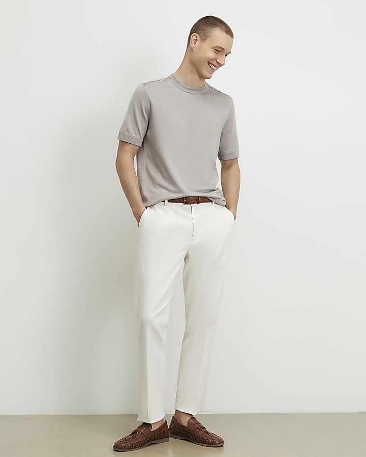 Beige Slim Fit Knitted Short Sleeve T-Shirt