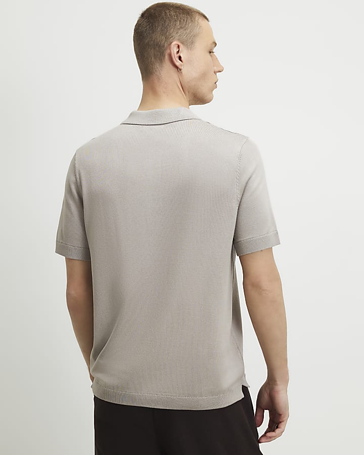 Grey Slim Fit Knitted Polo Shirt