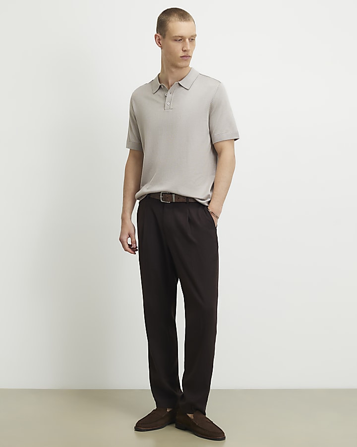 Grey Slim Fit Knitted Polo Shirt