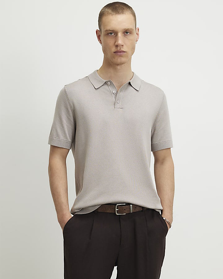 Grey Slim Fit Knitted Polo Shirt