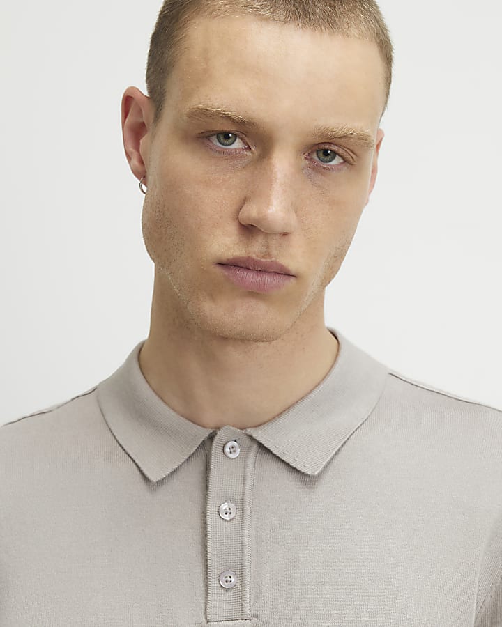Grey Slim Fit Knitted Polo Shirt