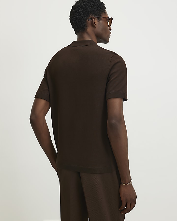 Brown Slim Fit Knitted Polo Shirt