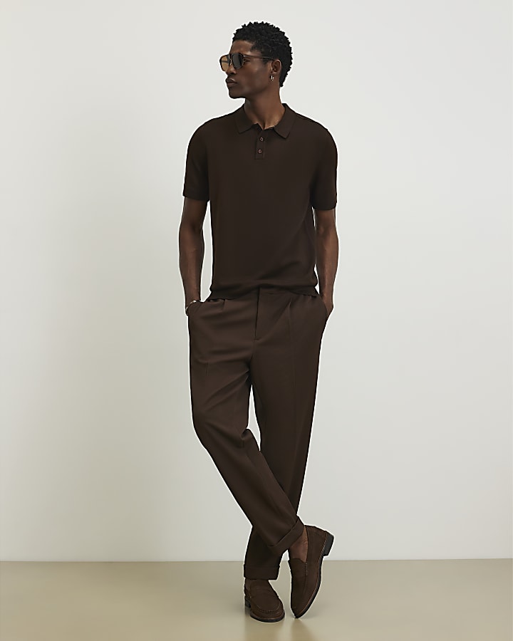 Brown Slim Fit Knitted Polo Shirt