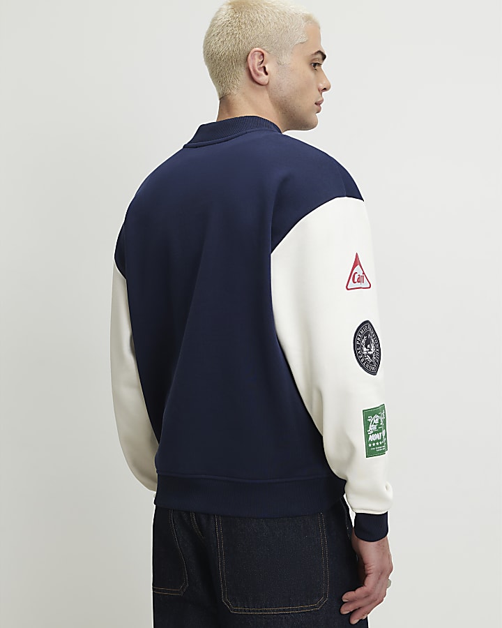 Navy Oversized Varsity Patch Bomber Jacket