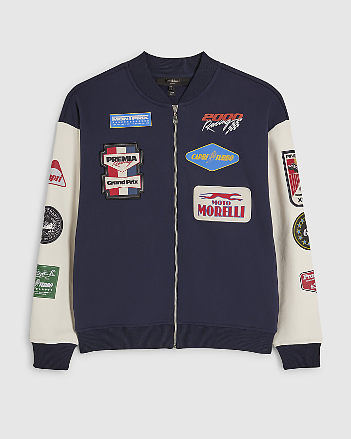 Navy Oversized Varsity Patch Bomber Jacket