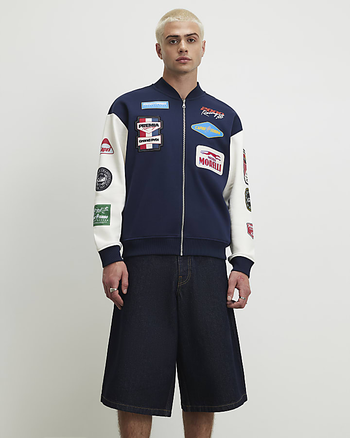 Navy Oversized Varsity Patch Bomber Jacket