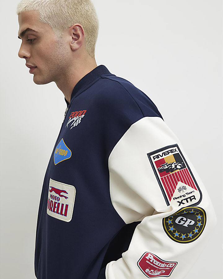 Navy Oversized Varsity Patch Bomber Jacket