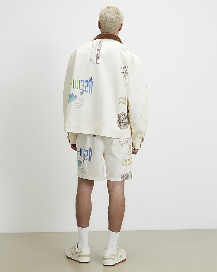 Cream Regular Fit Panama Print Shorts