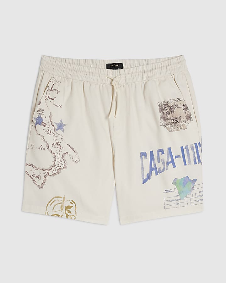 Cream Regular Fit Panama Print Shorts