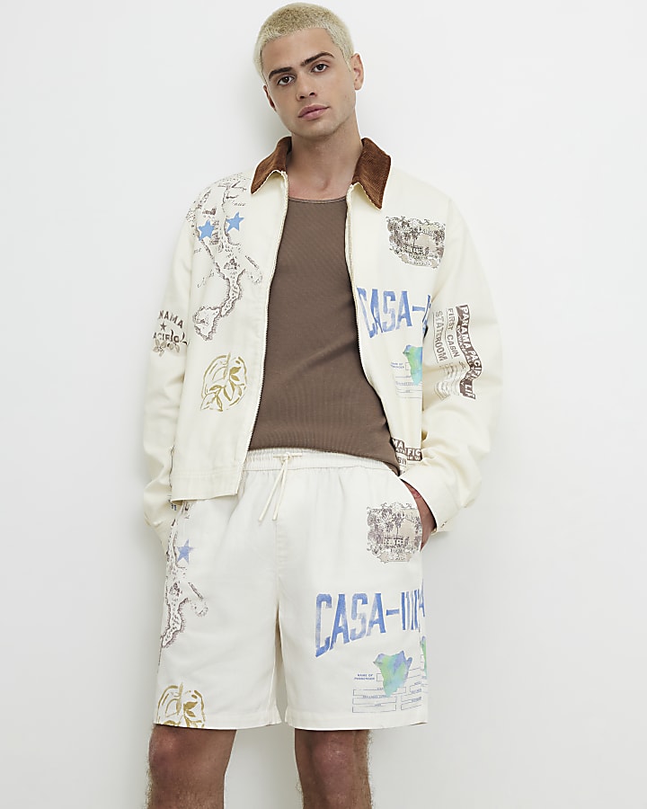 Cream Regular Fit Panama Print Shorts