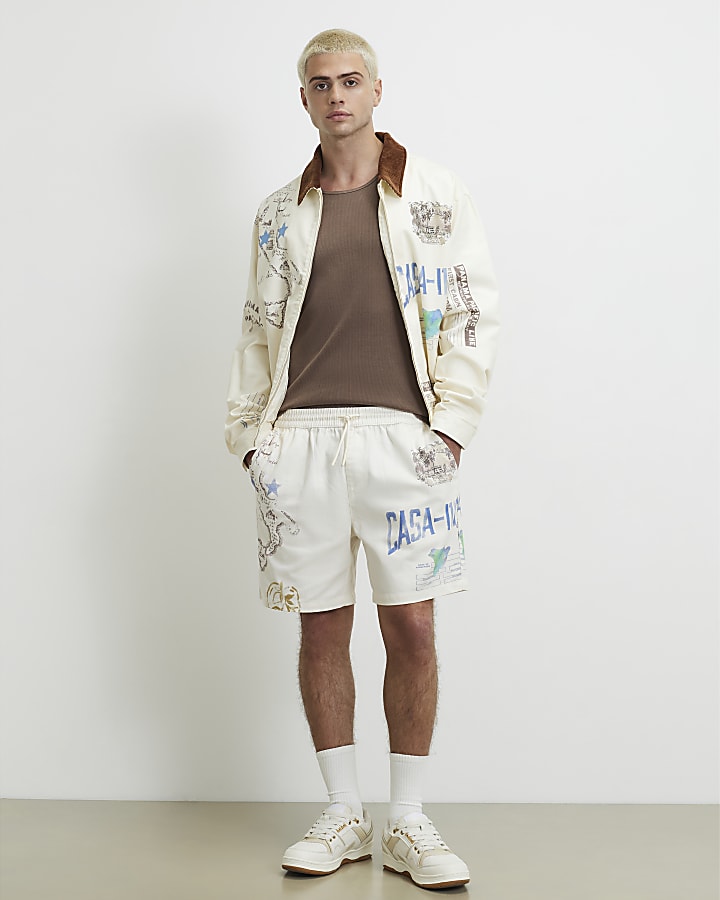 Cream Regular Fit Panama Print Shorts