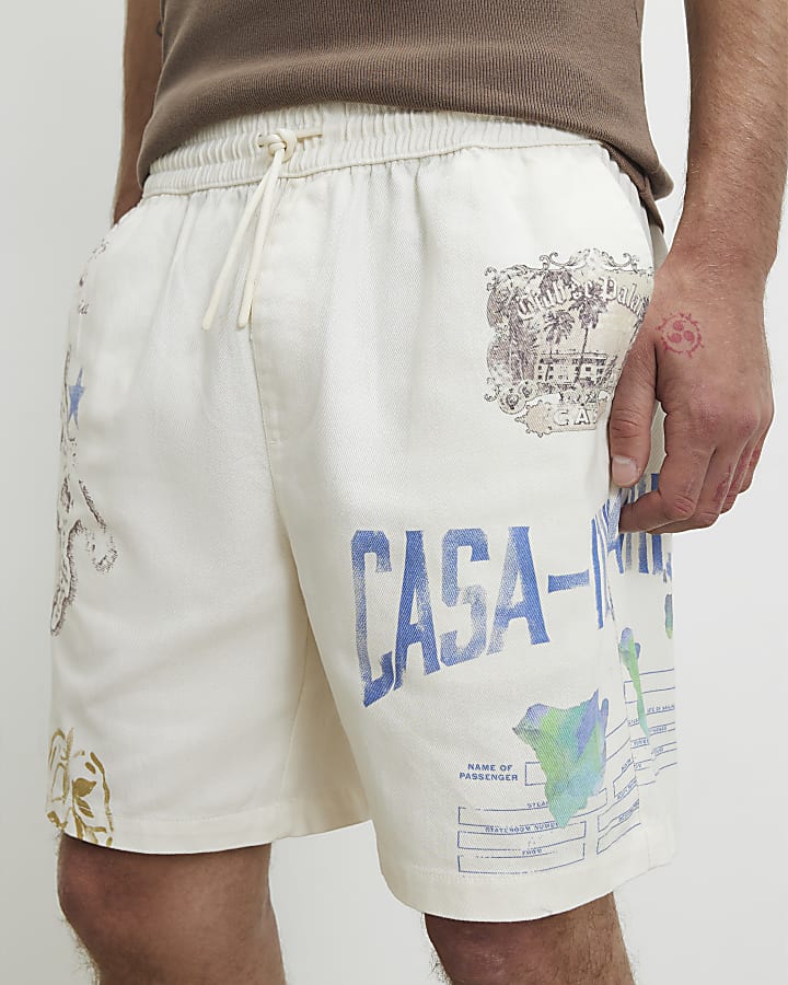 Cream Regular Fit Panama Print Shorts