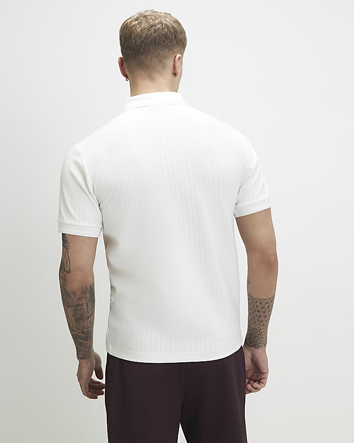White Muscle Fit Textured Zip Polo Shirt