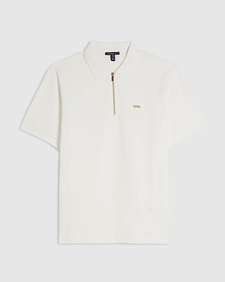 White Muscle Fit Textured Zip Polo Shirt