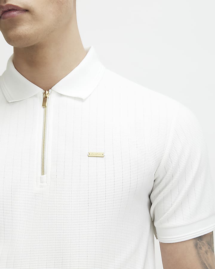 White Muscle Fit Textured Zip Polo Shirt
