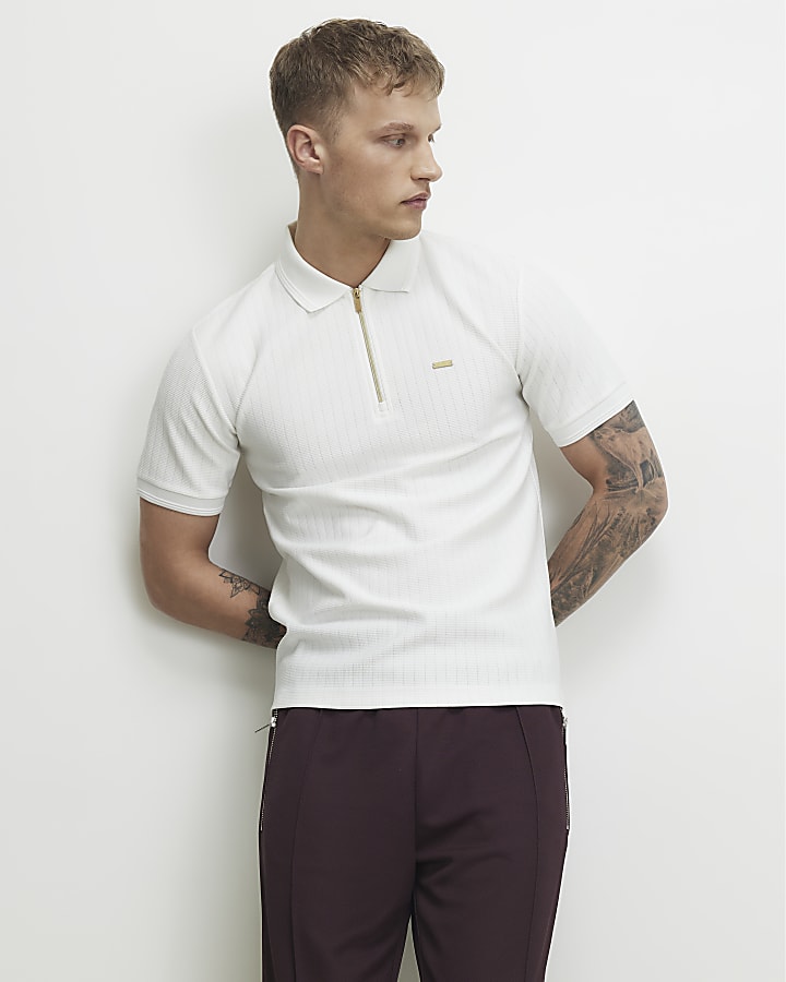 White Muscle Fit Textured Zip Polo Shirt