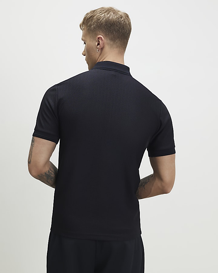 Navy Muscle Fit Textured Zip Polo Shirt