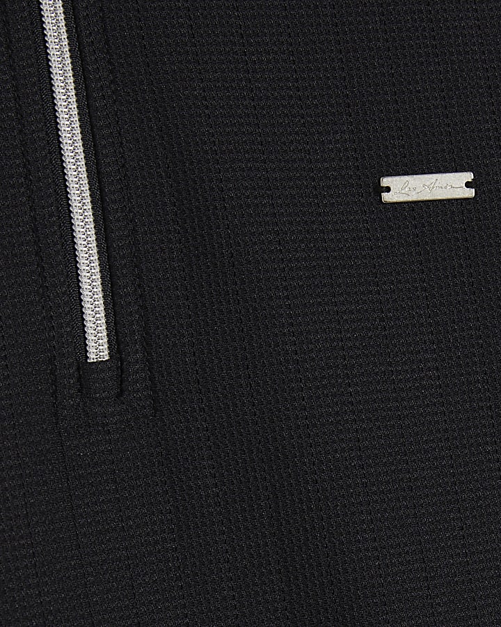 Navy Muscle Fit Textured Zip Polo Shirt