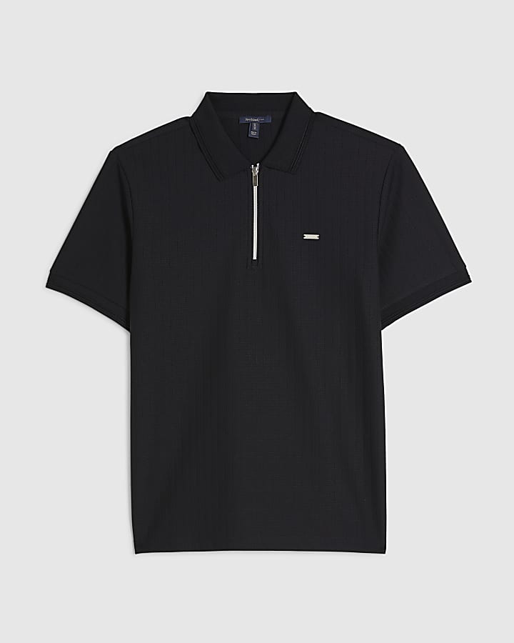 Navy Muscle Fit Textured Zip Polo Shirt
