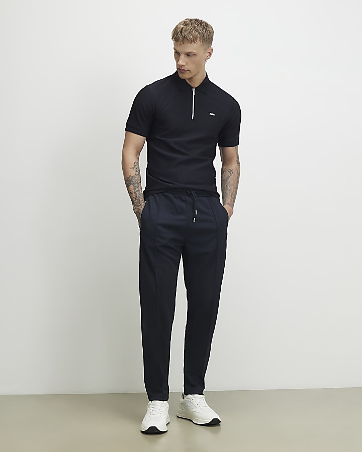 Navy Muscle Fit Textured Zip Polo Shirt
