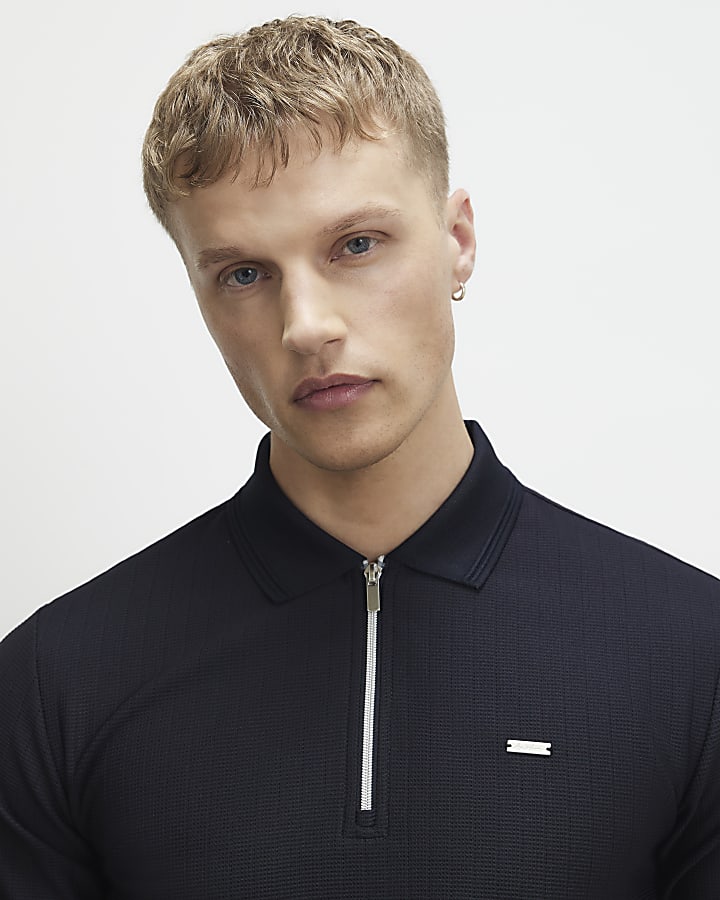 Navy Muscle Fit Textured Zip Polo Shirt
