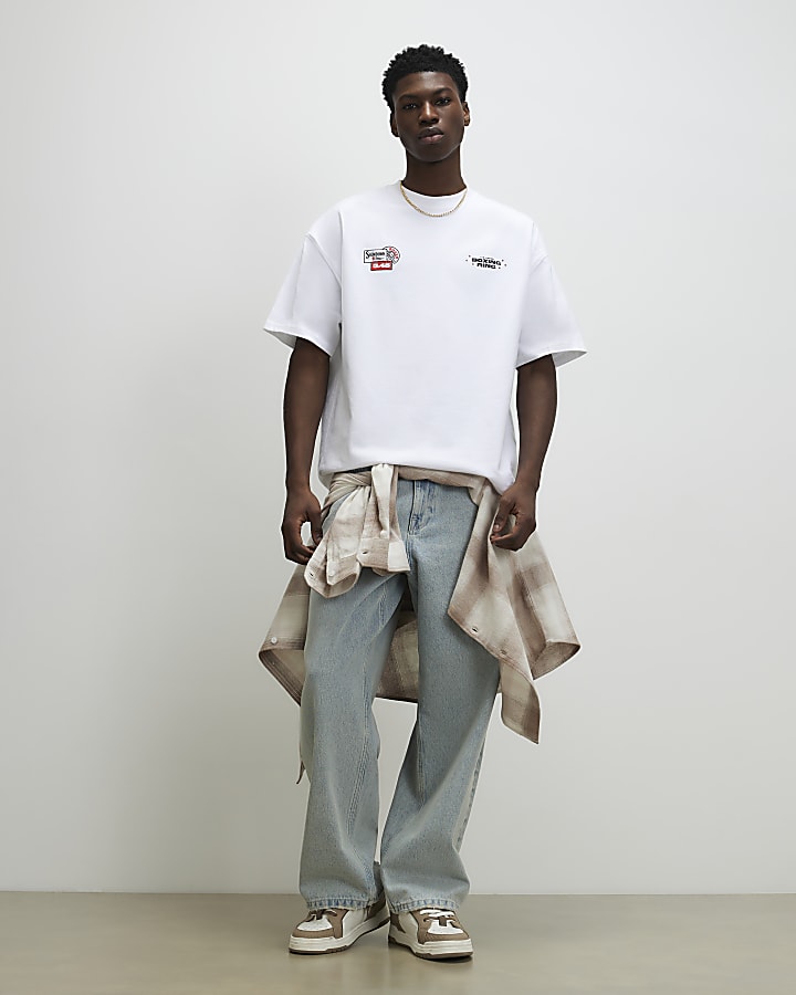 White Oversized Fit Newspaper Boxing T-Shirt