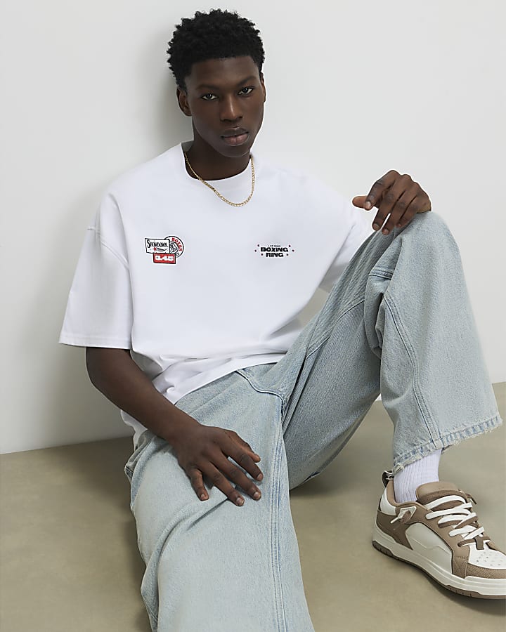 White Oversized Fit Newspaper Boxing T-Shirt