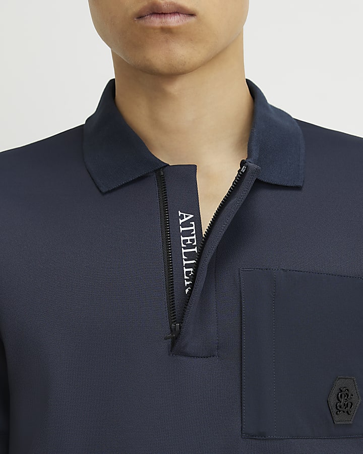 Navy Slim Fit Nylon Pocket Polo Shirt