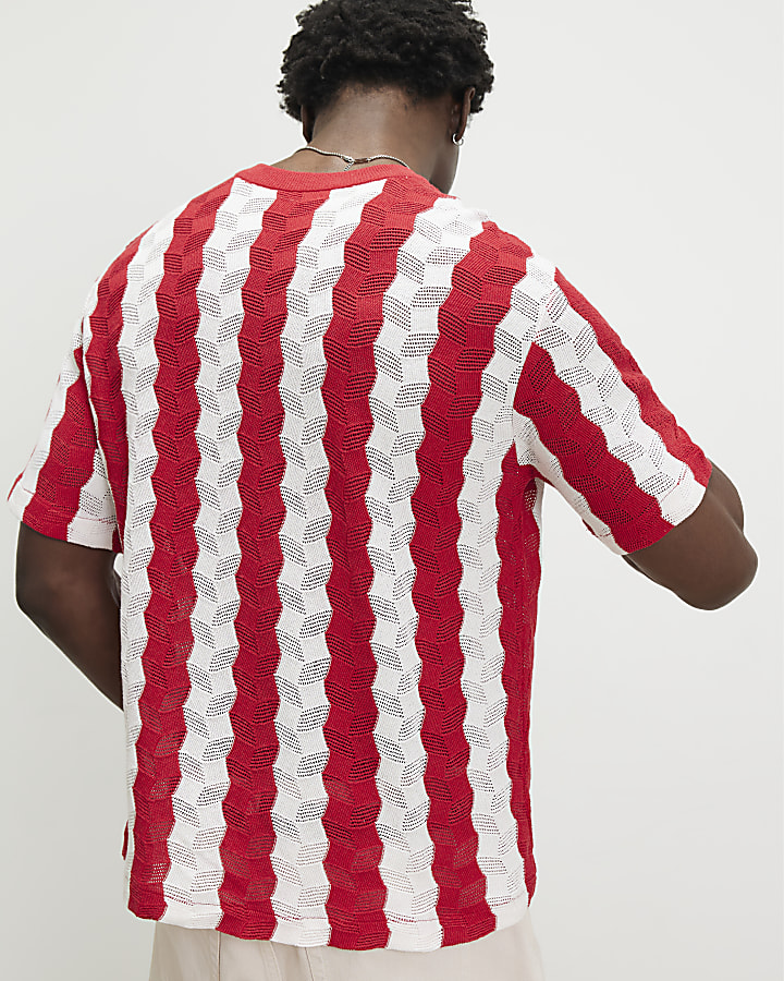 Red Wavy Crochet V Neck Knitted Jumper