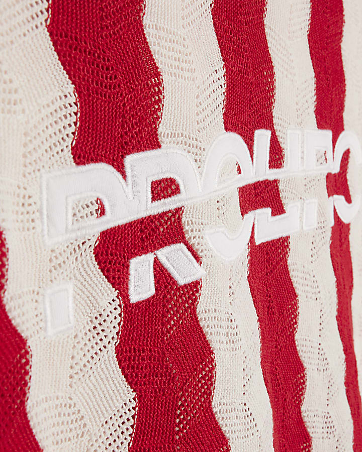 Red Wavy Crochet V Neck Knitted Jumper