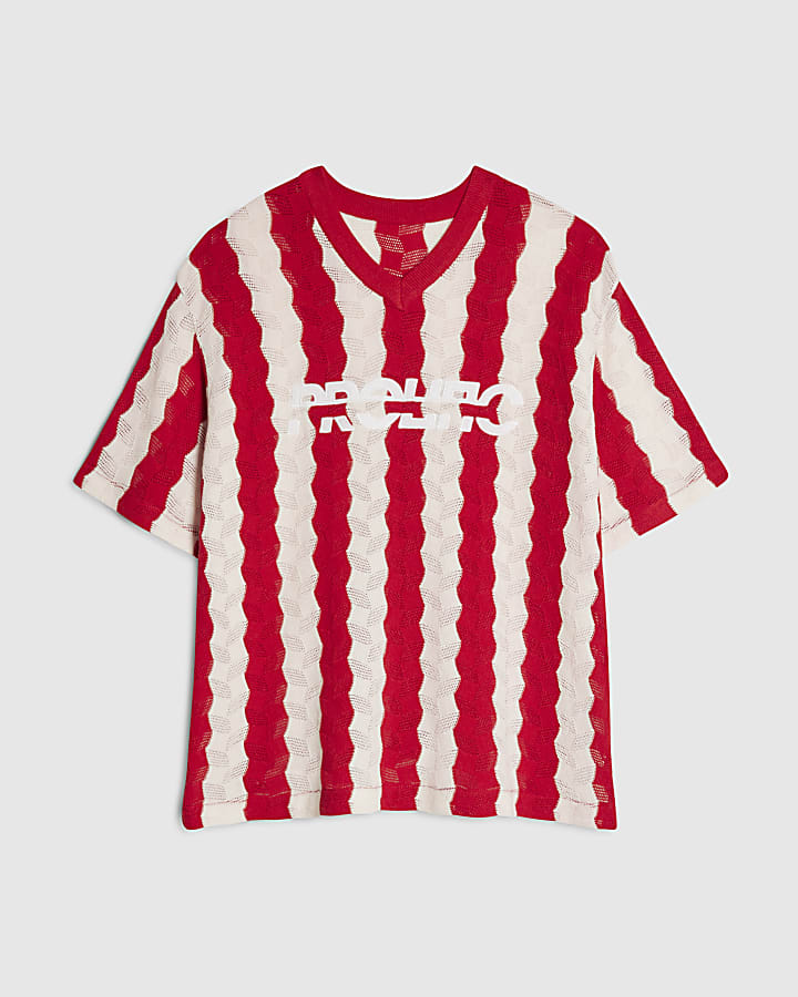 Red Wavy Crochet V Neck Knitted Jumper