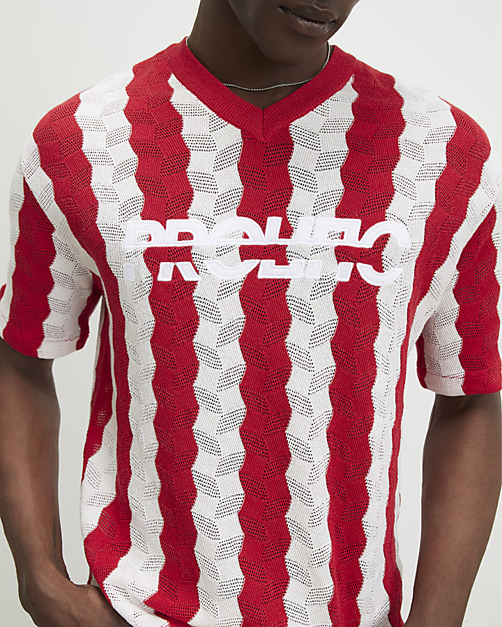 Red Wavy Crochet V Neck Knitted Jumper