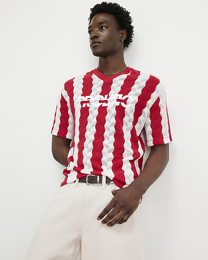 Red Wavy Crochet V Neck Knitted Jumper