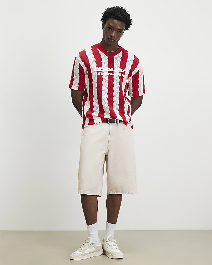 Red Wavy Crochet V Neck Knitted Jumper