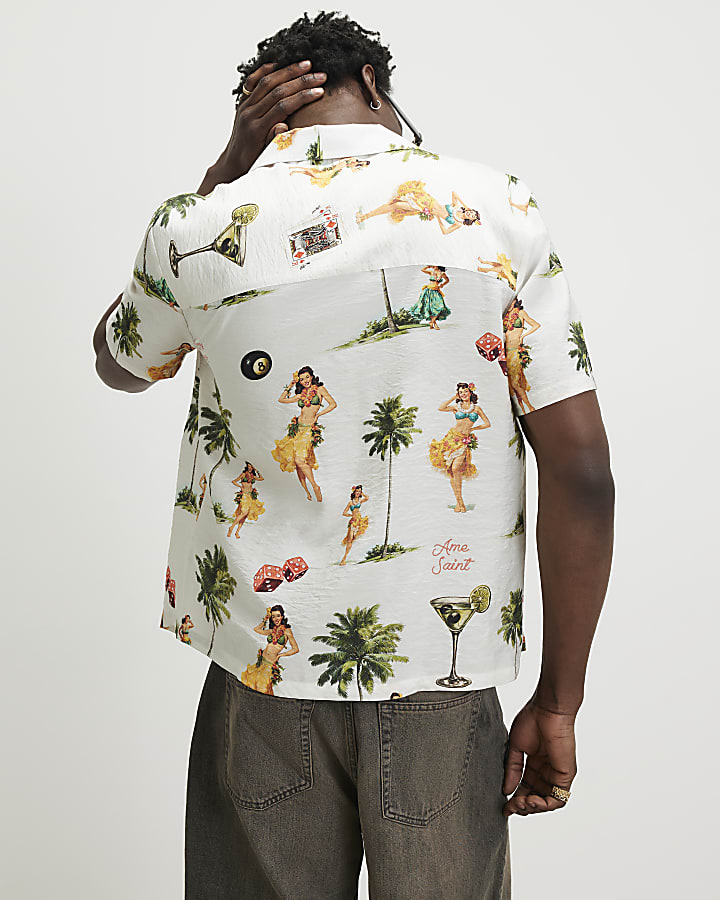 White Regular Fit Hula Hawaiian Shirt