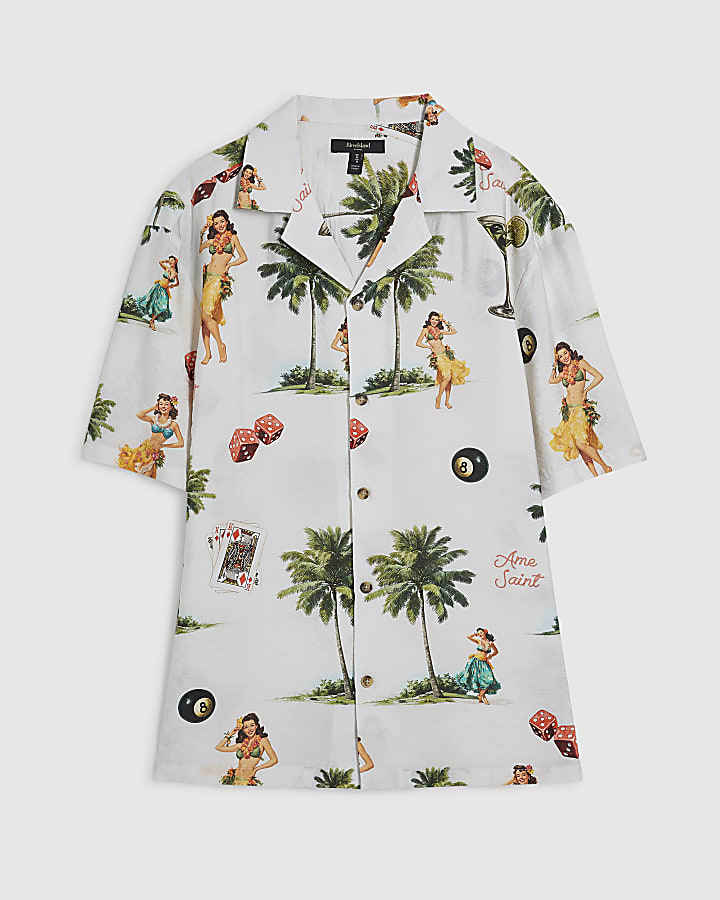 White Regular Fit Hula Hawaiian Shirt